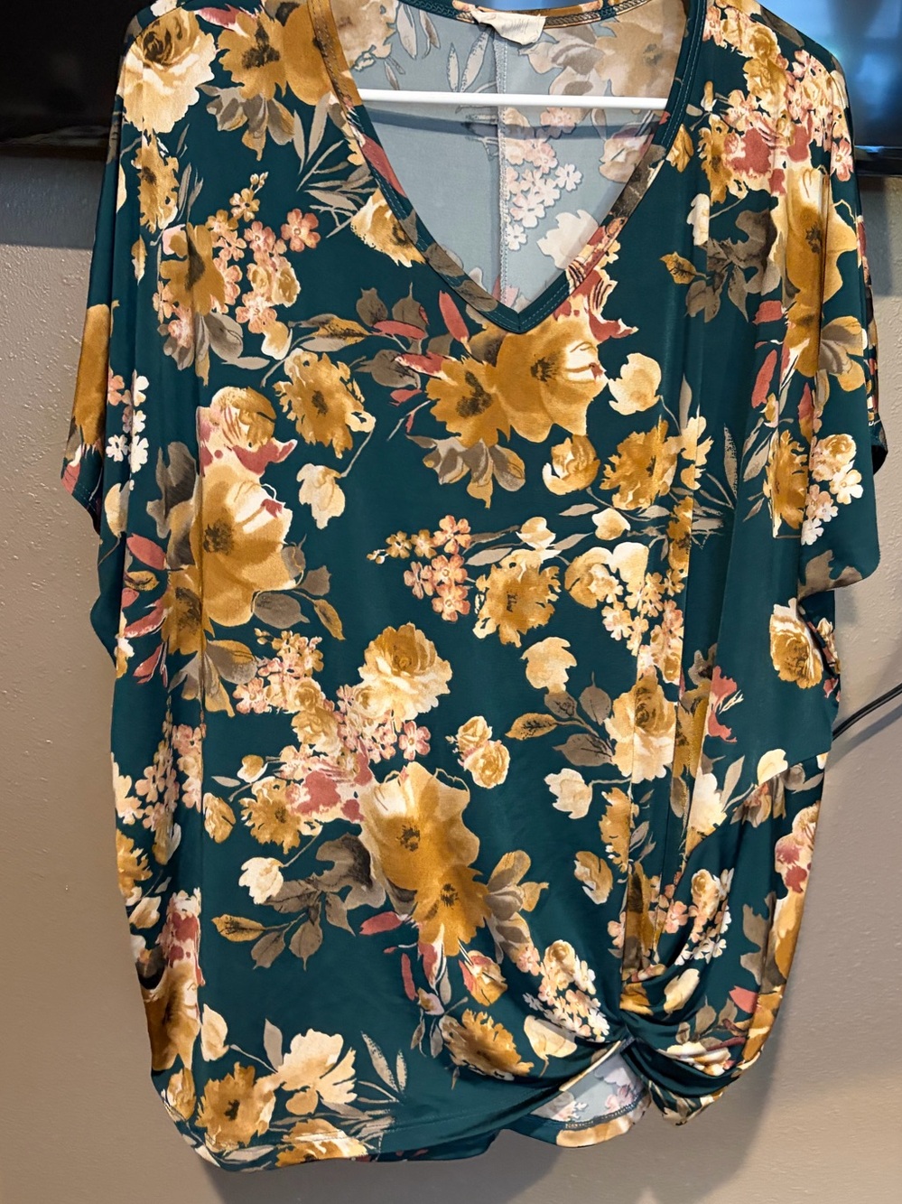 V-Neck Floral Twist-Hem Tunic Top - Teal & Mustard